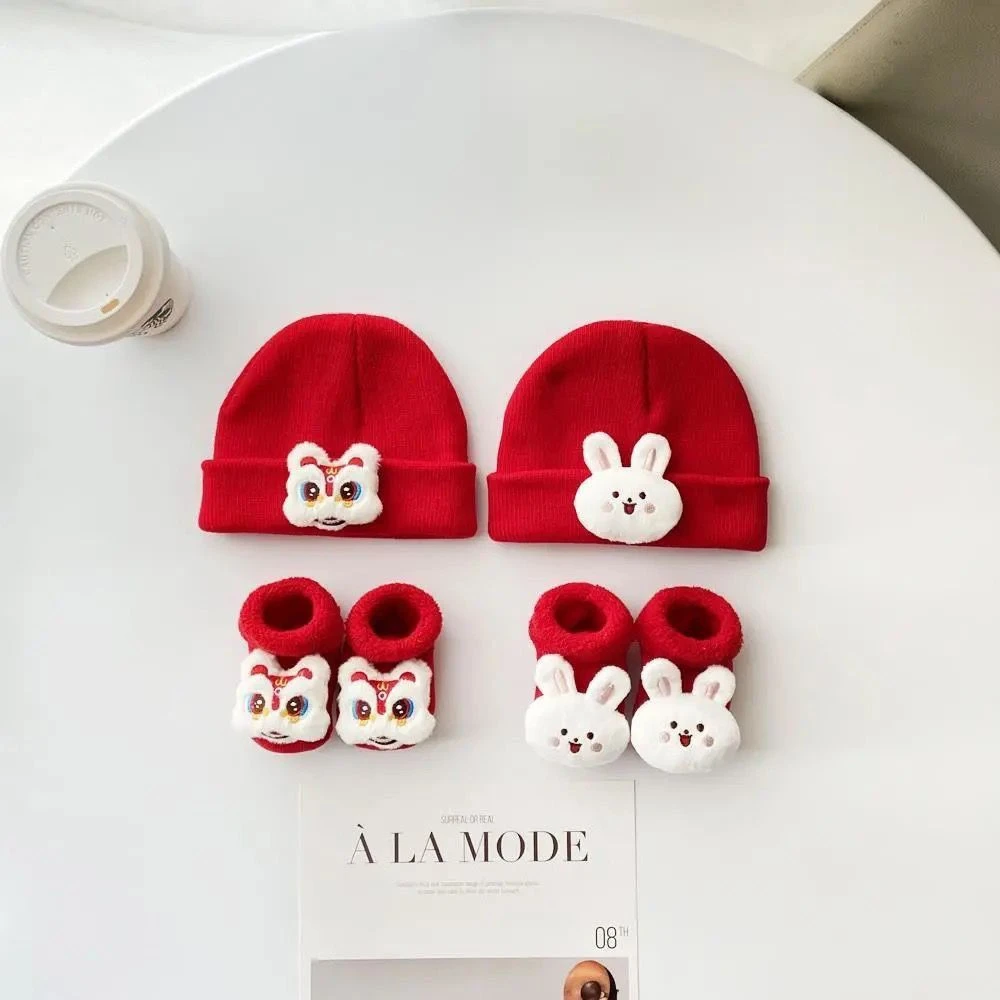 红色婴儿帽子秋冬婴幼儿针织帽厚袜子女童月龄宝宝毛线帽满月热卖