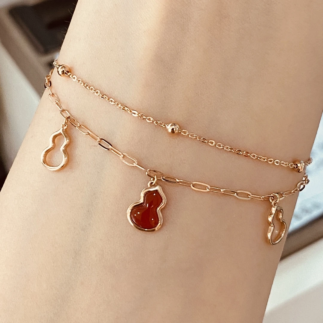 潮流18K金珠双层手链玫瑰金女款红葫芦彩金色轻奢时尚百搭简约