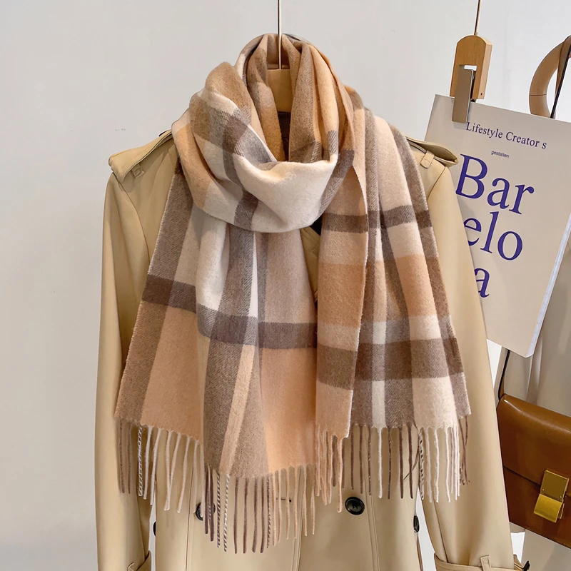 驼茶色羊毛格纹围巾卡其冬季加厚保暖流苏秋冬季格子情侣围脖英伦