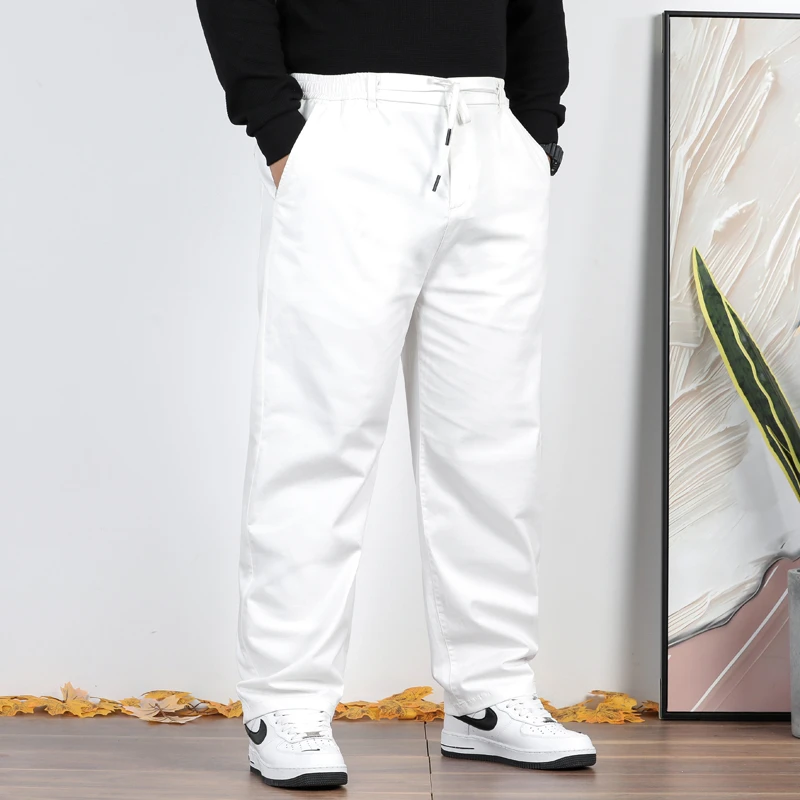 春秋直筒胖子白色纯棉大码休闲男裤加大码松紧腰肥佬哈伦百搭长裤