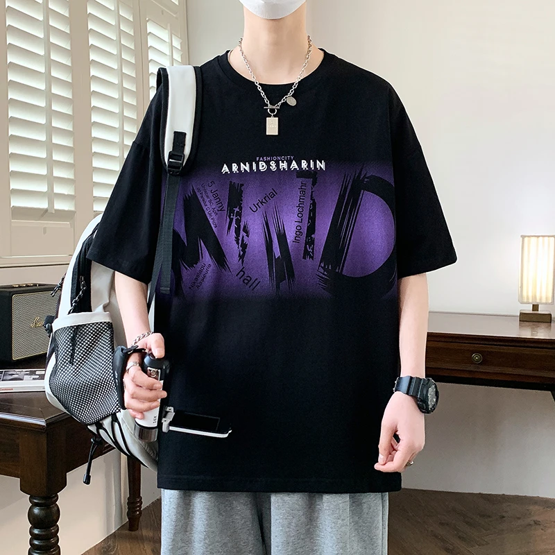 夏季初高学生青少年潮流时尚宽松短袖阔版港风百搭印花休闲半袖男