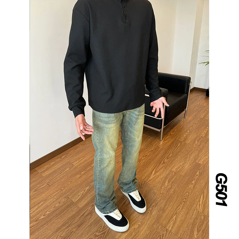 美式复古蓝色牛仔裤男款水洗做旧裤子高街vibe潮牌弹力微喇直筒裤