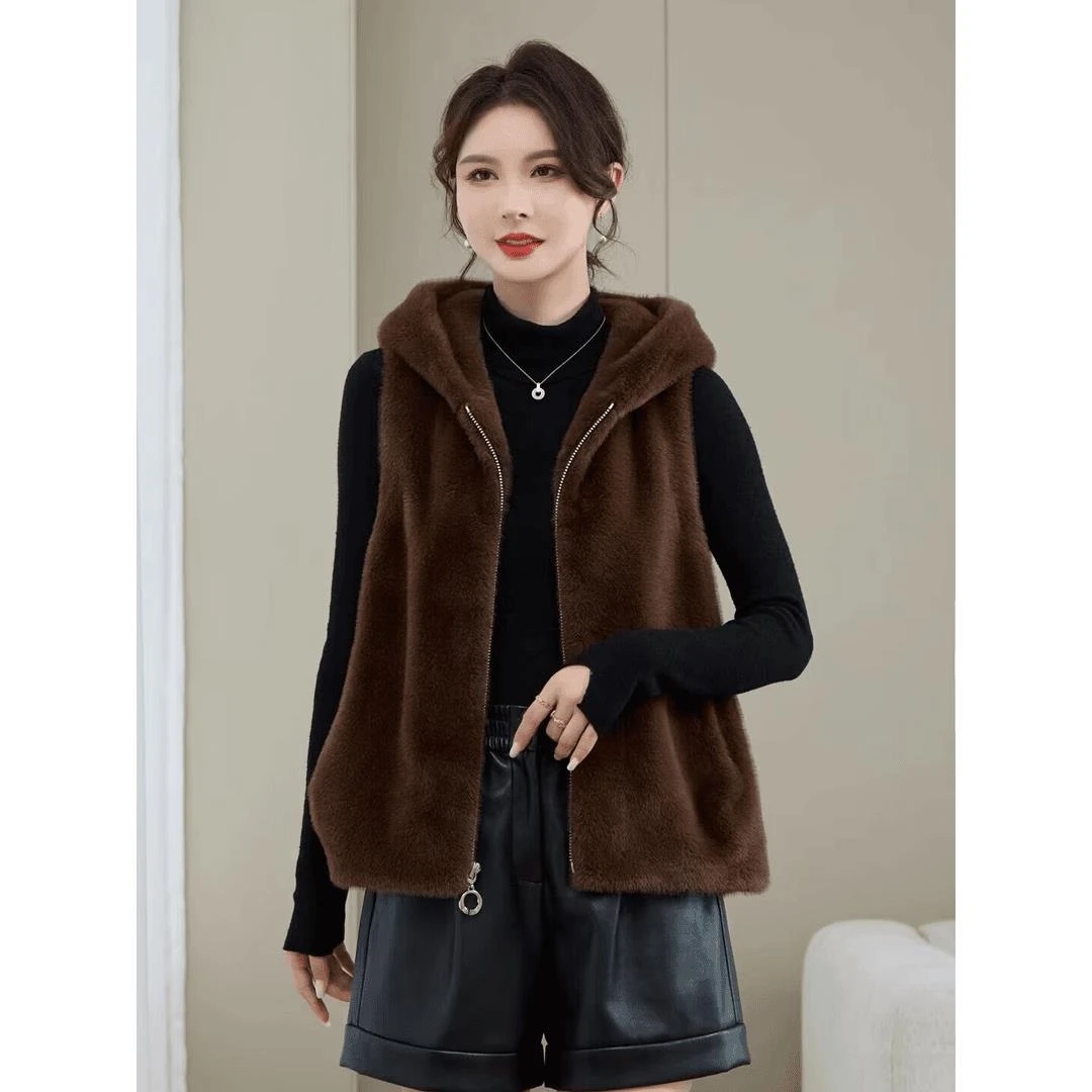 海宁仿皮草秋冬连帽马甲仿皮草水貂绒背心皮毛一体貂毛马夹上衣女