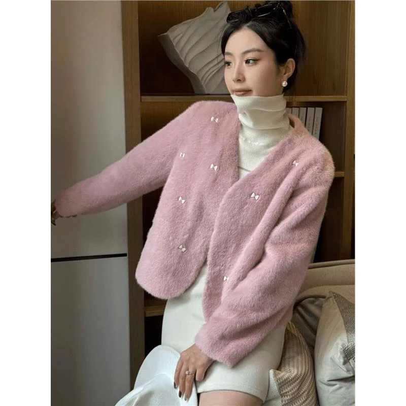 海宁皮草秋冬新款环保貂皮仿皮草外套开衫保暖显瘦短款厚上衣女