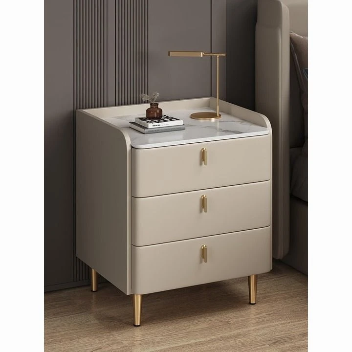 轻奢实木床头柜三抽屉岩板皮质现代简约床头柜网红床边储物柜家用