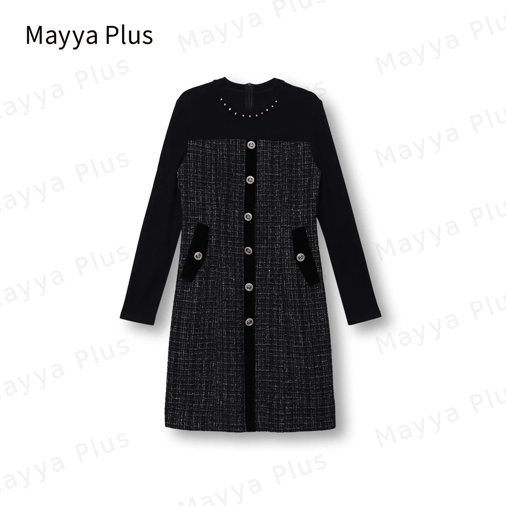 【法式千金】Mayya Plus粗纺色织双色香风氛围感拼接连衣裙32347276