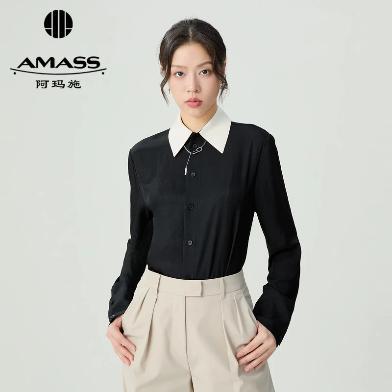 AMASS阿玛施 时尚简约黑白撞色拼接领长袖衬衫5301098 通勤百搭女