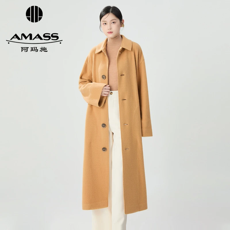 AMASS阿玛施 新款排扣翻领中长款纯色大衣外套5492890 宽松冬季女