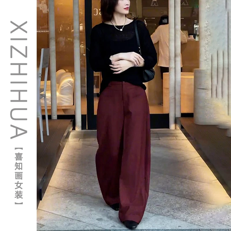 休闲套装女早春新款简约通勤圆领长袖上衣复古安可拉红裤子两件套