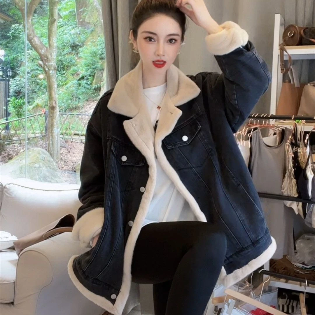两面穿加绒牛仔棉服女冬季复古休闲百搭加厚防风外套宽松上衣