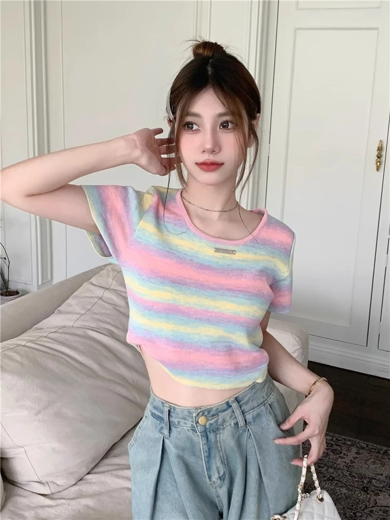 多巴胺条纹短袖针织衫2024夏季短款撞色纯欲感甜美短上衣正肩辣妹