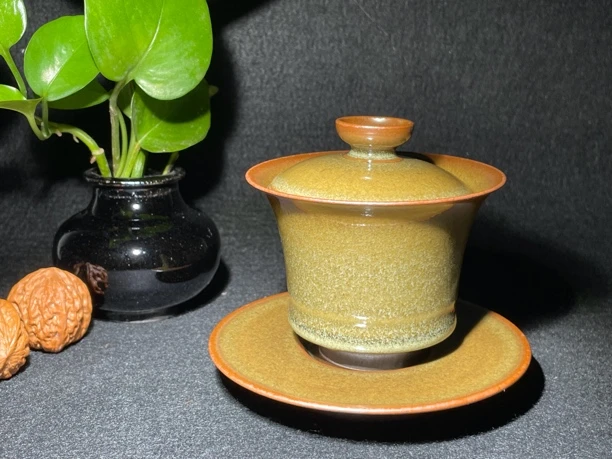 估佬龙窑玉子天青瓷盖碗三才全手工泡茶碗贝盖碗茶具陶瓷纯手工