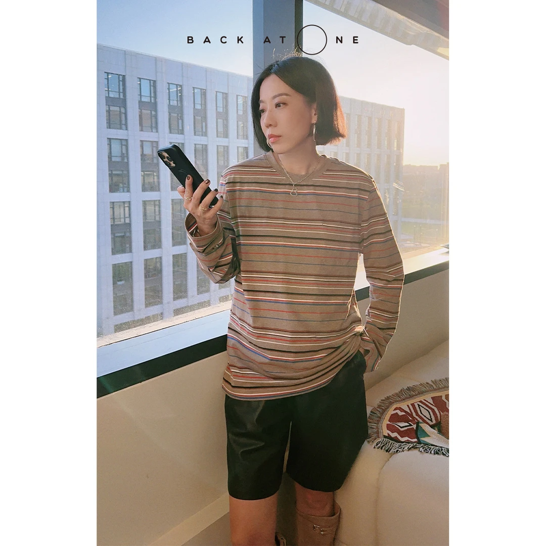 BackAtOne “彩虹桥”BF风圆领色织卡其色条纹上衣 BEF-1BB119B-K