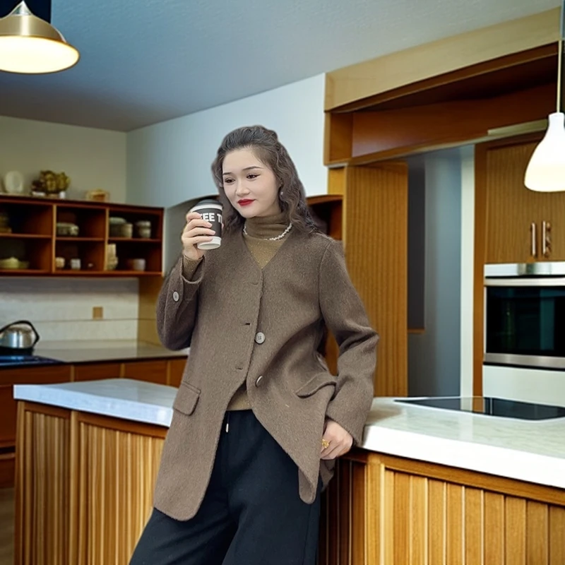 韩系双面驼绒中长款小个子高端毛呢外套女欧货驼绒V领外套3150
