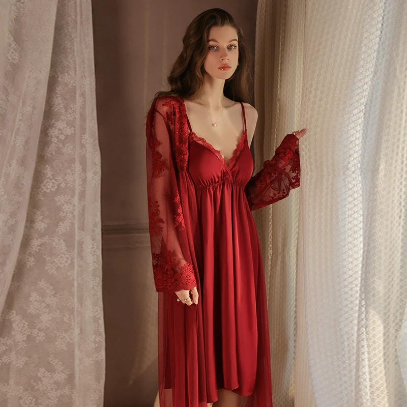 春夏性感深V胸垫蕾丝拼接缎面薄款睡裙晨袍网纱外袍女式家居服