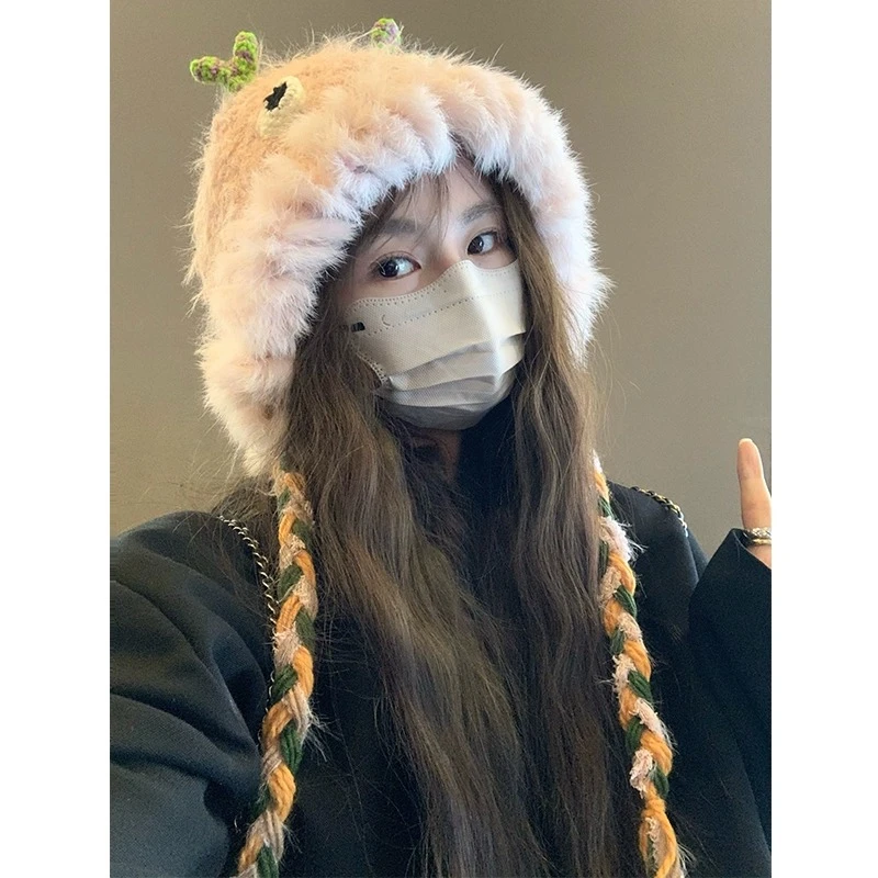 韩版毛绒小怪兽百搭女款秋冬护耳帽网红秋冬季保暖加绒加厚雷锋帽