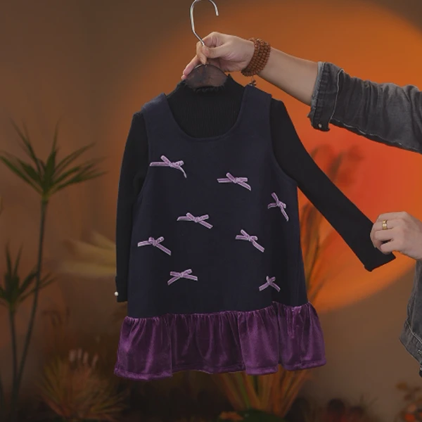 2024时尚女童冬款加绒加厚连衣裙毛衣两件套