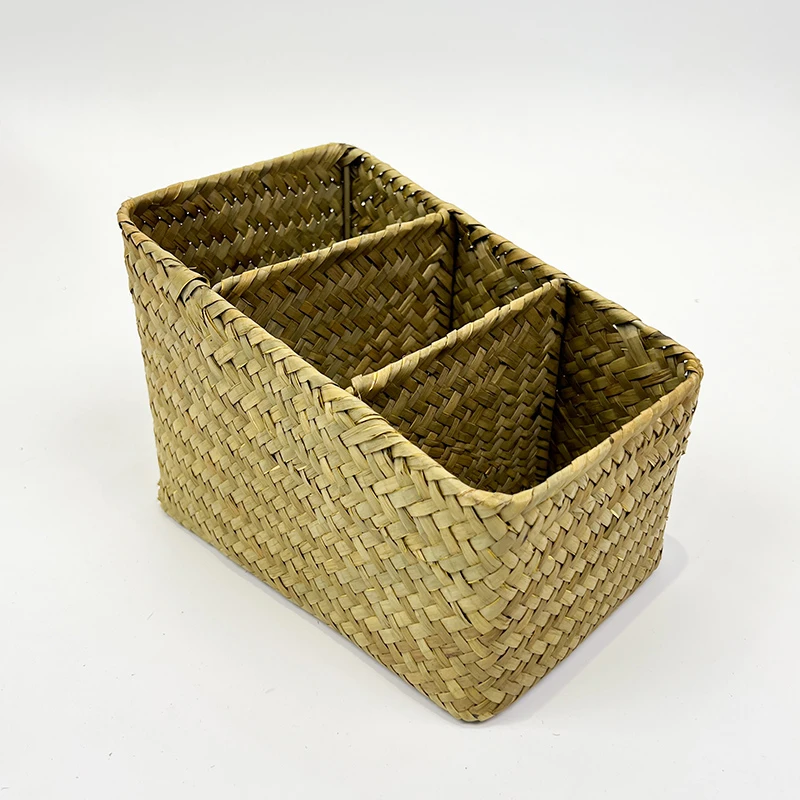 海草手工编织三格遥控器收纳筐卧室客厅收纳篮桌面文具杂物整理框