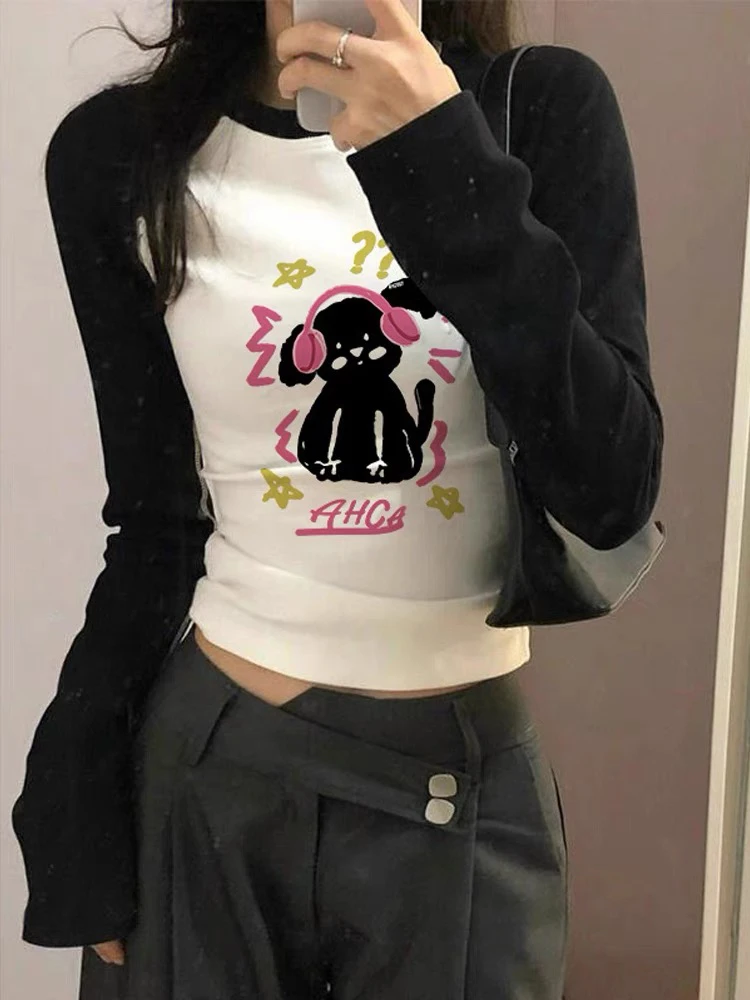 美式插肩长袖t恤女春秋季正肩短款甜辣妹设计感小众修身打底上衣