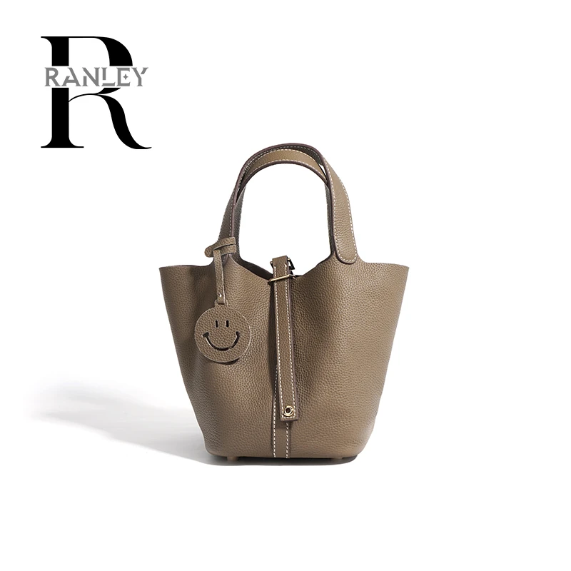 Togo头层牛皮金扣水桶包深灰手提包单肩斜挎腋下包（DP005）