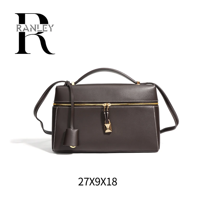 乌木色饭盒包复古简约老钱风单肩斜挎手提真皮女包（DP027LP27）