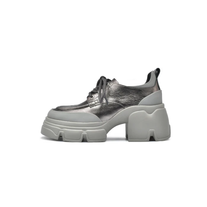 MOONIIEE/墨忆新款系带厚底松糕鞋女7厘米增高真皮乐福切尔西女靴