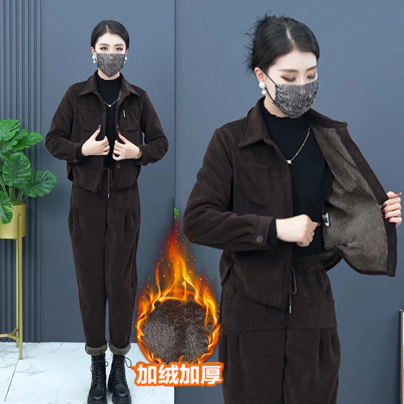 FF休闲套装时尚2023年女秋季雪尼尔单排扣大码显瘦长袖两件套