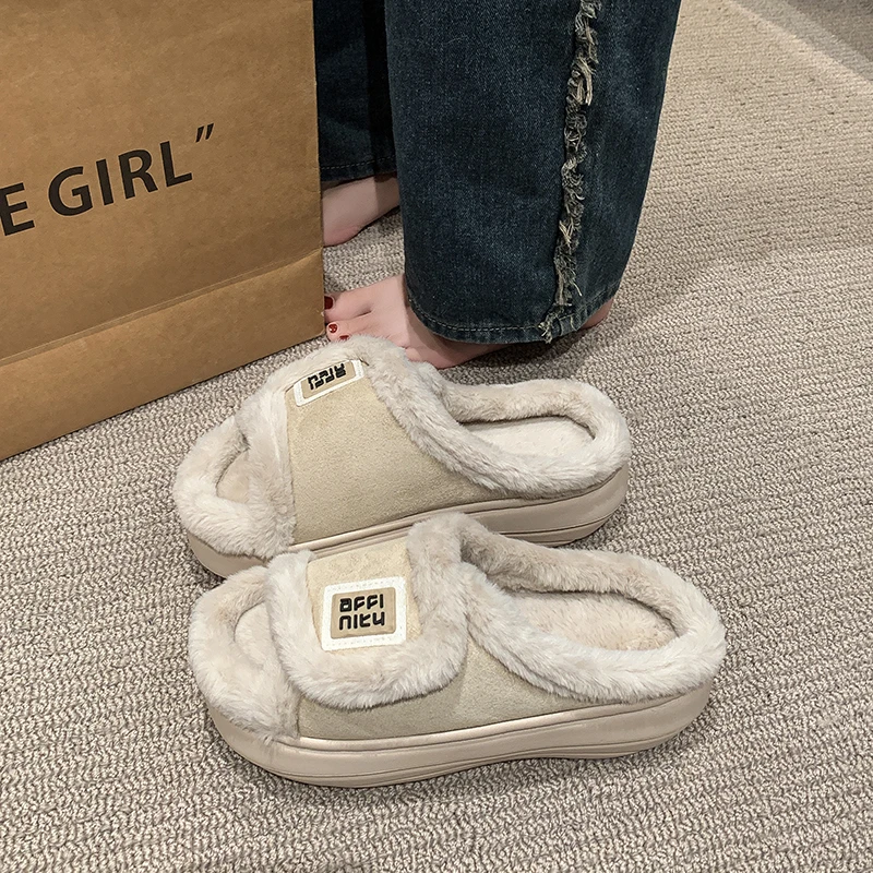 简约设计毛毛拖鞋女外穿2024新款韩版精致厚底增高5cm秋冬棉拖鞋