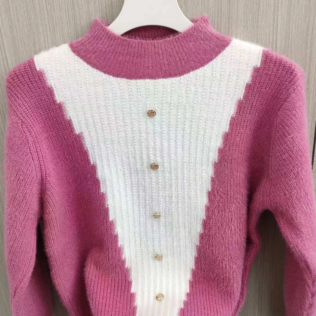 粉色撞色拼接针织毛衣衫加厚