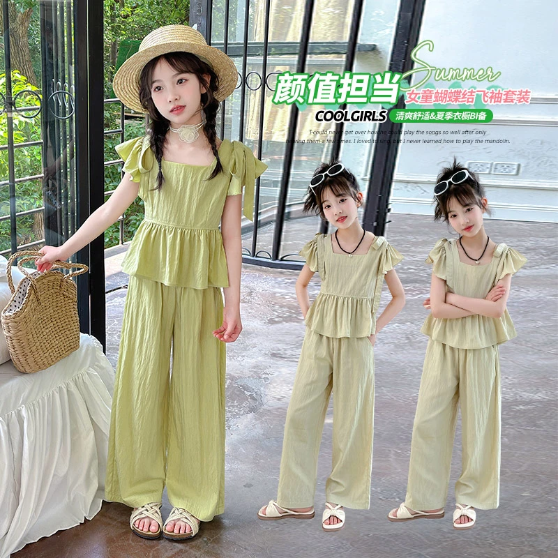 女童2025年夏季新款中大童洋气时尚休闲飞袖气质蝴蝶结两件套