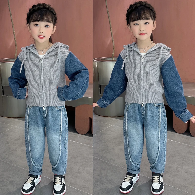 【奇妙卡依】女童2023春季新款毛衣外套中大童洋气休闲牛仔裤套装