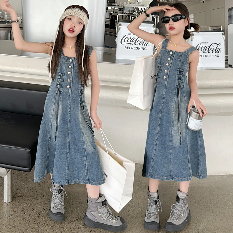 女童牛仔吊带裙2024年夏季新款中大童洋气显瘦时尚网红儿童牛仔裙