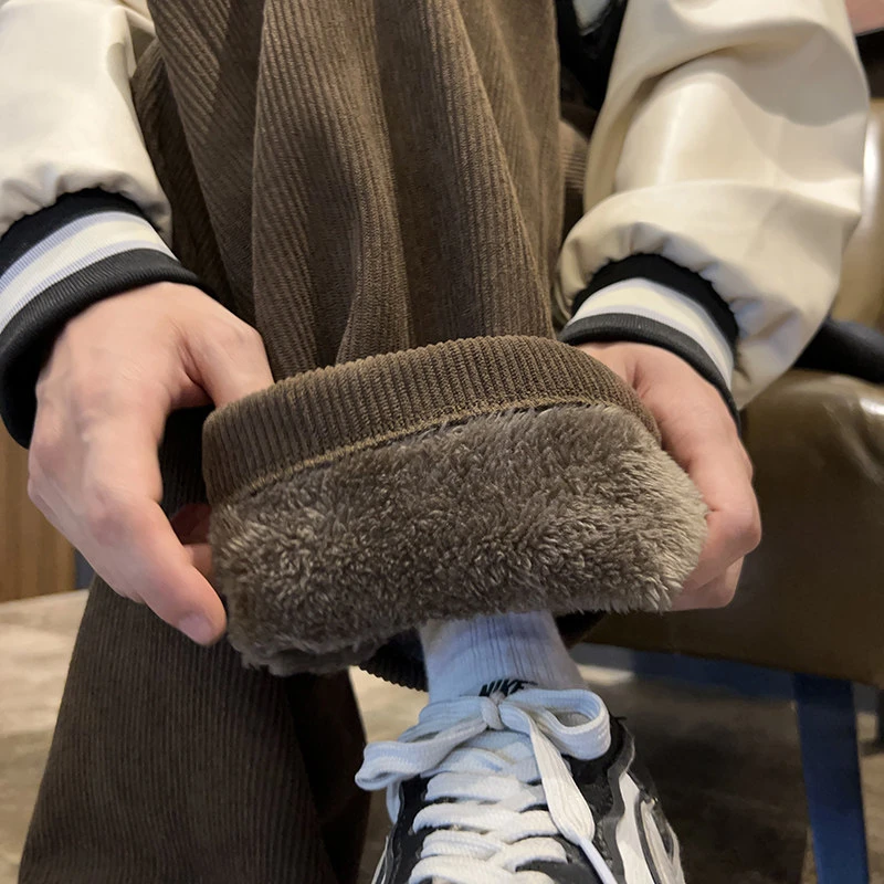 咖色羊羔绒裤子男士秋冬加绒加厚保暖阔腿卫裤灯芯绒休闲直筒棉裤
