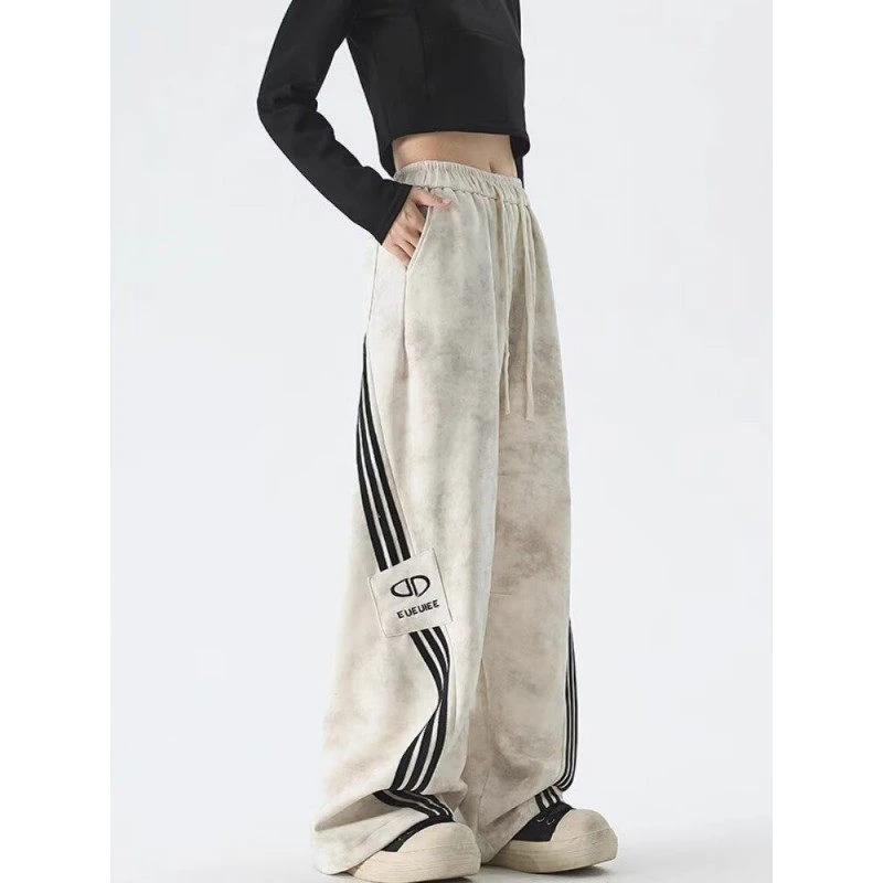 美式扎染垂感运动卫裤男女秋季潮牌三条杠宽松阔腿拖地休闲长裤子