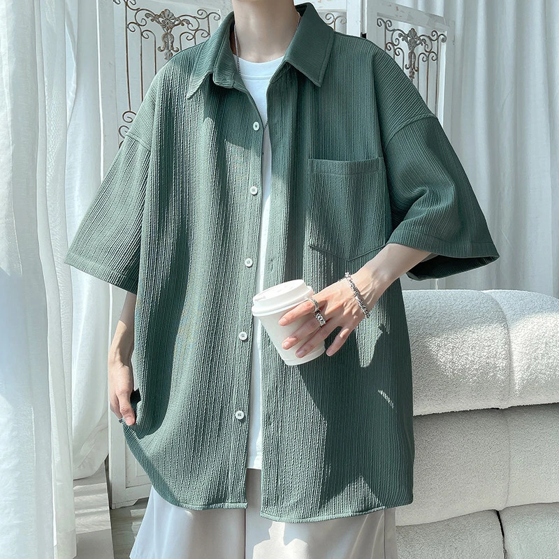 夏季潮牌薄荷绿垂感冰丝衬衫男短袖宽松大码潮流美式痞帅衬衣外套
