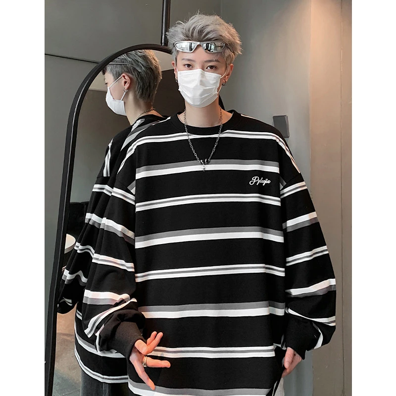 重磅cityboy卫衣男春秋款港风潮牌条纹无帽长袖t恤宽松圆领打底衫