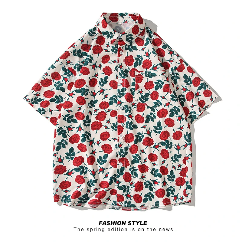 夏威夷玫瑰花短袖衬衫男美式复古设计感高级潮牌痞帅半袖沙滩衬衣