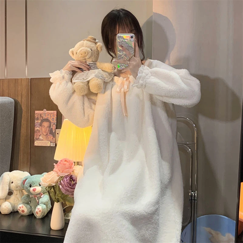 冬季公主风睡裙女长袖新款保暖加厚加绒睡衣女学生套装家居服