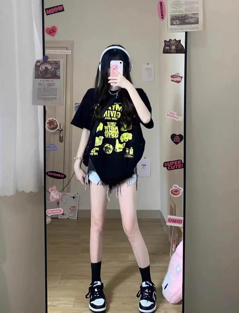 美式复古搞怪印花复古短袖t恤女夏季2024新款设计感小众高街上衣
