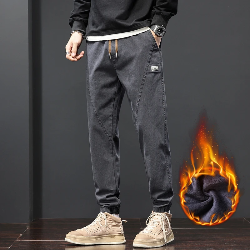 秋冬男士潮流撞色拼接束脚牛仔裤加绒保暖加厚休闲工装裤小脚裤子