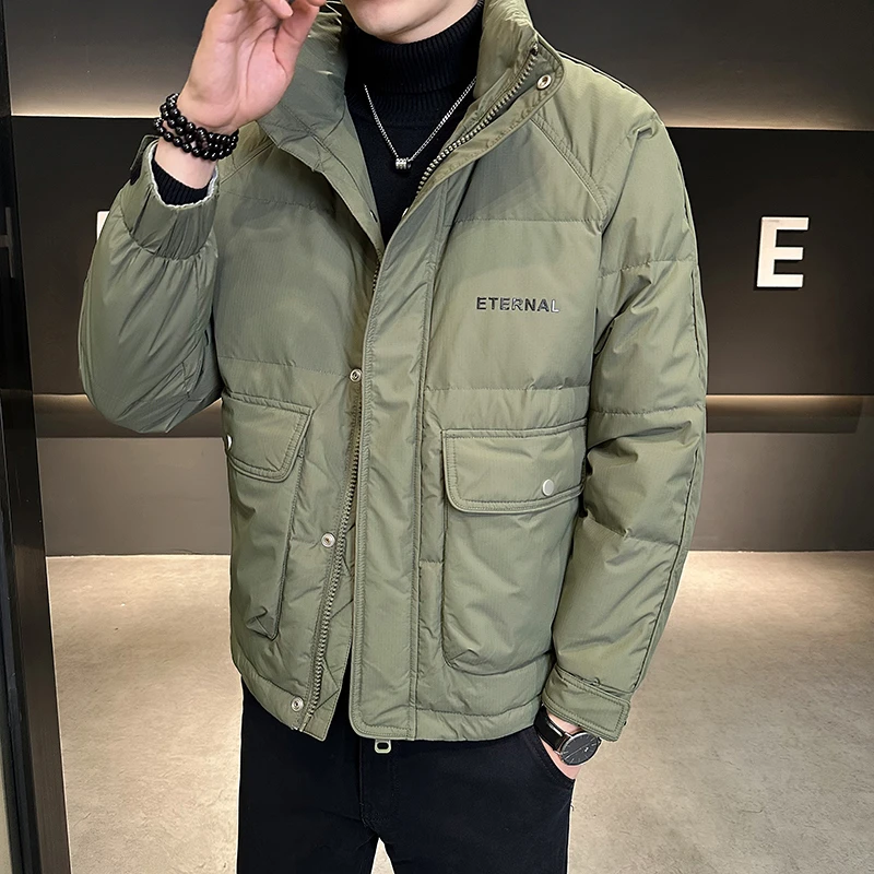 冬季男士立领保暖羽绒服工装口袋加厚保暖羽绒外套男韩版修身