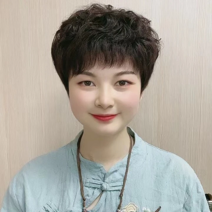 假发女短发真发中老年妈妈真人发丝全头套女士短卷发自然