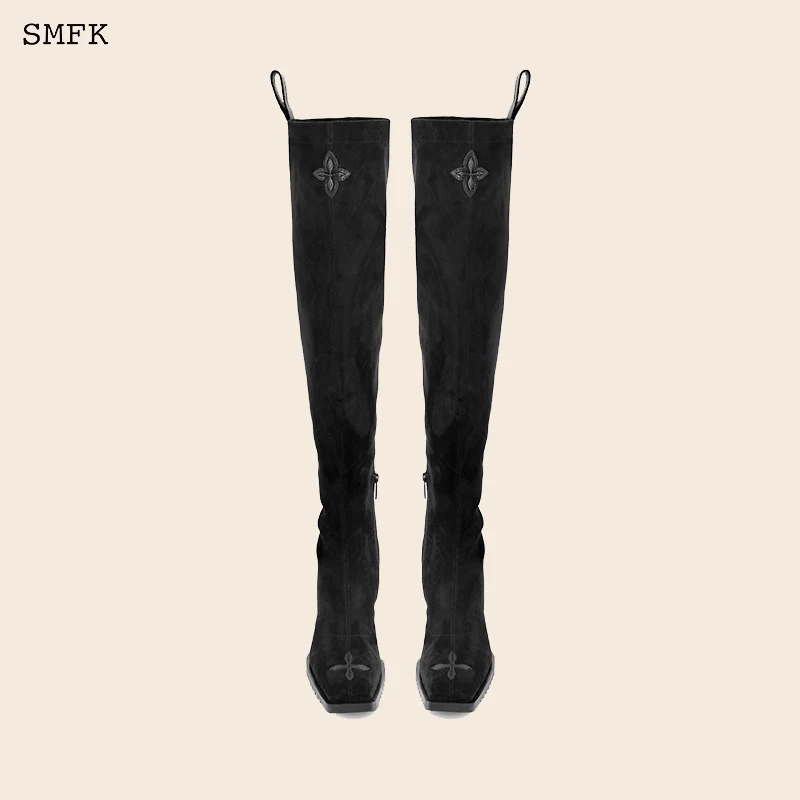 SMFK黑色长筒靴  S0007B+绒面弹力高跟过膝靴长靴显瘦王心凌