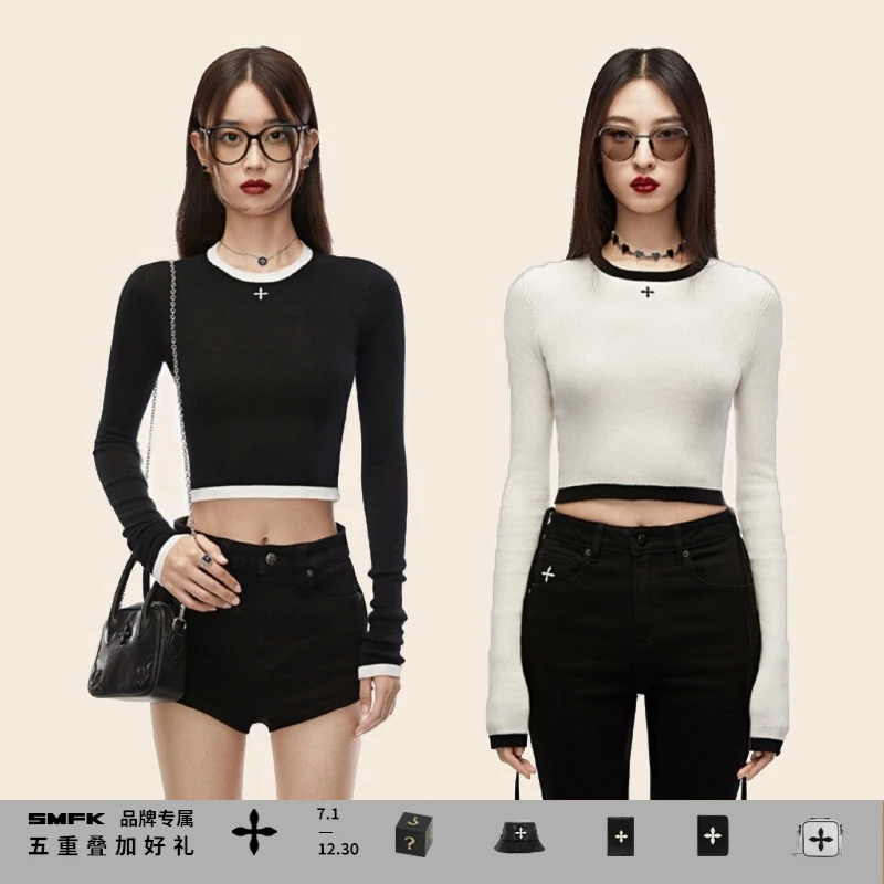 SMFK十字古典针织衫 ULS05B 黑白显瘦百搭长袖打底衫上衣 2色