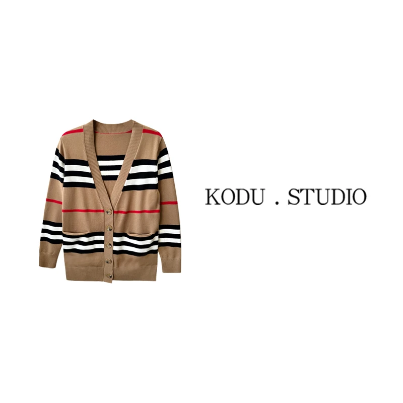 QI【双11大促刻度KODU】01-SW2847经典慵懒风条纹拼接撞色针织开衫