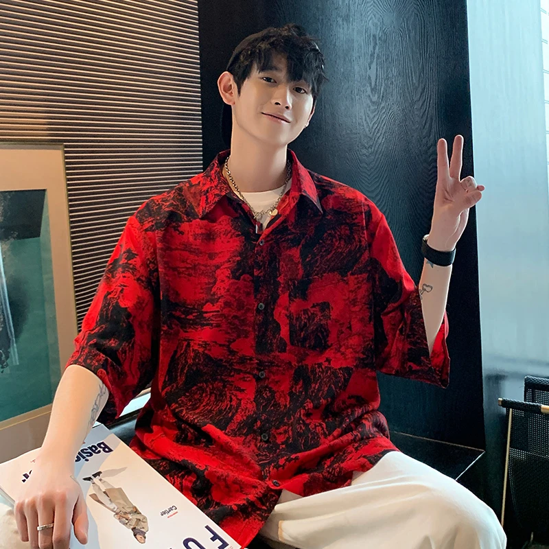 冰丝薄款花衬衫男夏季宽松休闲短袖衬衣潮牌潮流美式痞帅开衫外套