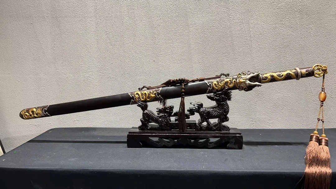 花纹钢 鎏金银龙王剑  未开刃