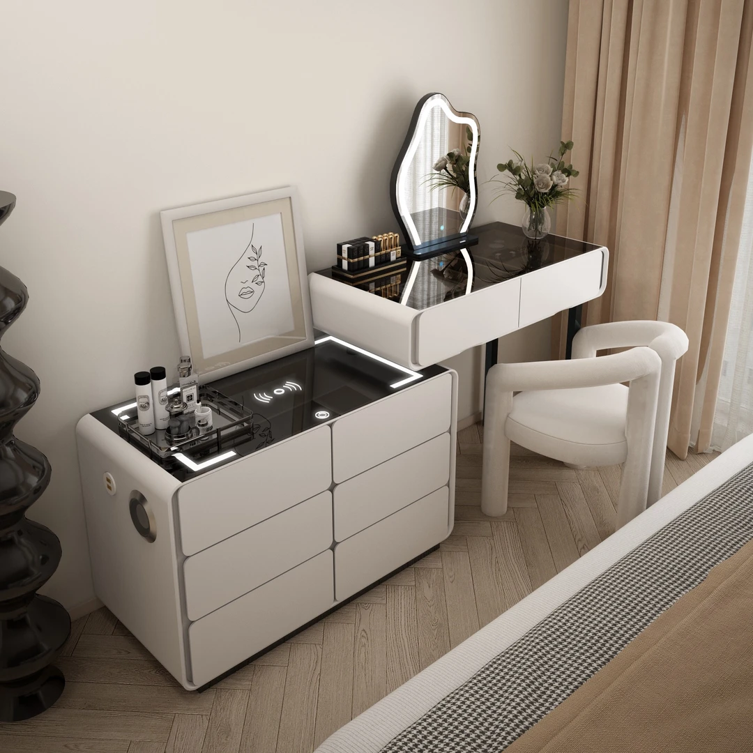 智能带灯新款奶油风梳妆台实木玻璃现代简约小户型化妆桌斗柜一体