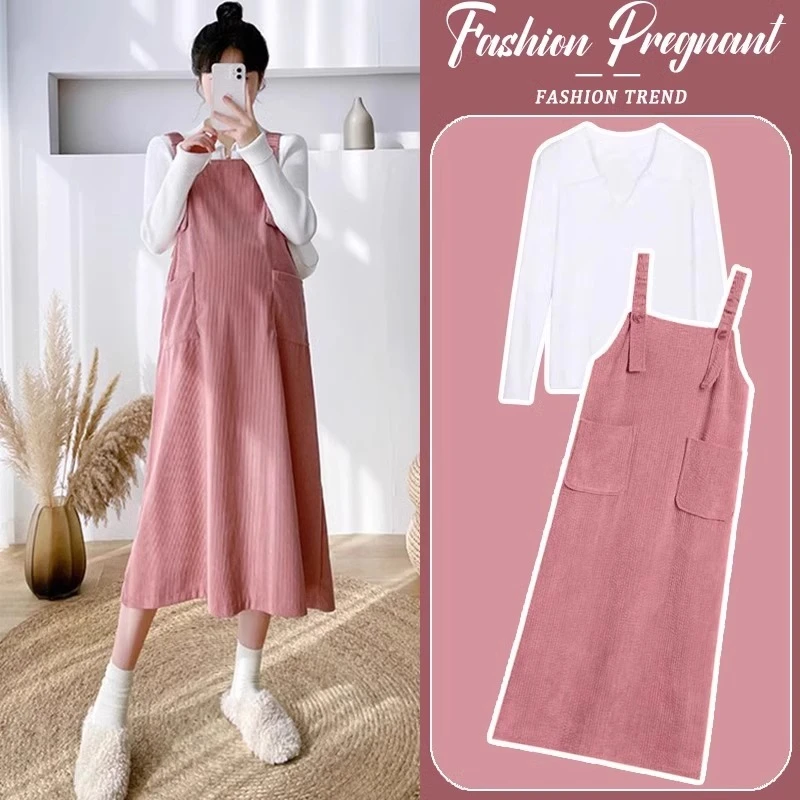 孕妇连衣裙春装套装时尚洋气时髦2025新款粉色背带裙两件套春秋款