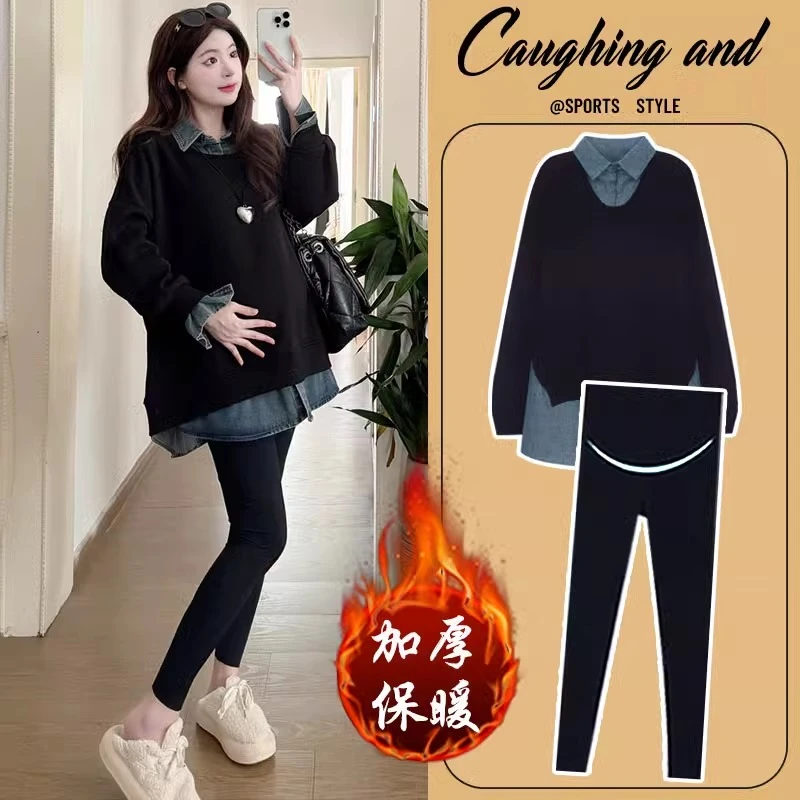 孕妇装秋冬季加绒加厚卫衣2025新款韩版大码假两件拼接百搭上衣女